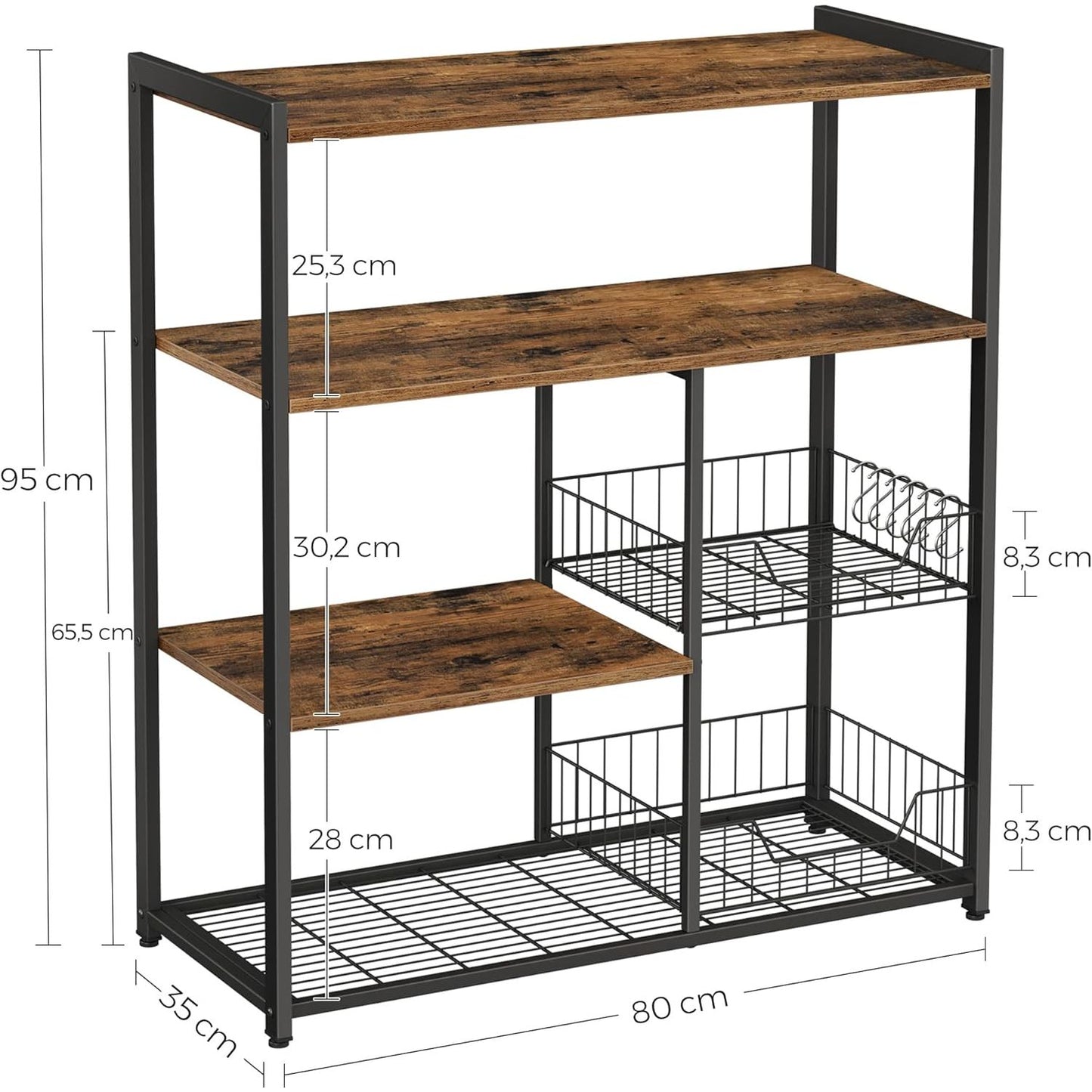 Industriële Keukenrek Met 2 Metalen Mandjes – VASAGLE Vrijstaand Bakkerijrek 80 x 35 x 95 cm – Keuken Organizer Met Haken En Opbergrekken – Microwave Rek In Vintage Donkerbruin En Zwart – Met Verstelbare Poten En IJzeren Frame