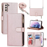 Portemonnee Hoes voor Samsung Galaxy A14 5G met [9 Kaartsleuven], Verwijderbare Verstelbare Crossbody Ketting Halsband Schouderriem Ritssluiting Magnetisch Lederen Hoesje voor Samsung Galaxy A14 5G, 6.2 inch Roségoud