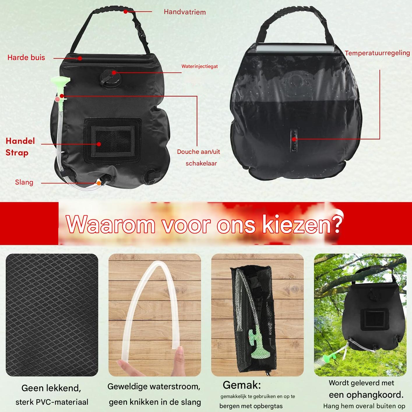 Pop-Up Douchetent met 5 Gallon Solar Shower Bag – 2-Delige Privacy Tent Set voor Camping & Strand – Opvouwbare Draagbare Toilet- en Ombkledtent – Waterdicht, UV-Bescherming & Ventilatie – Inclusief Draagtas – Zwart