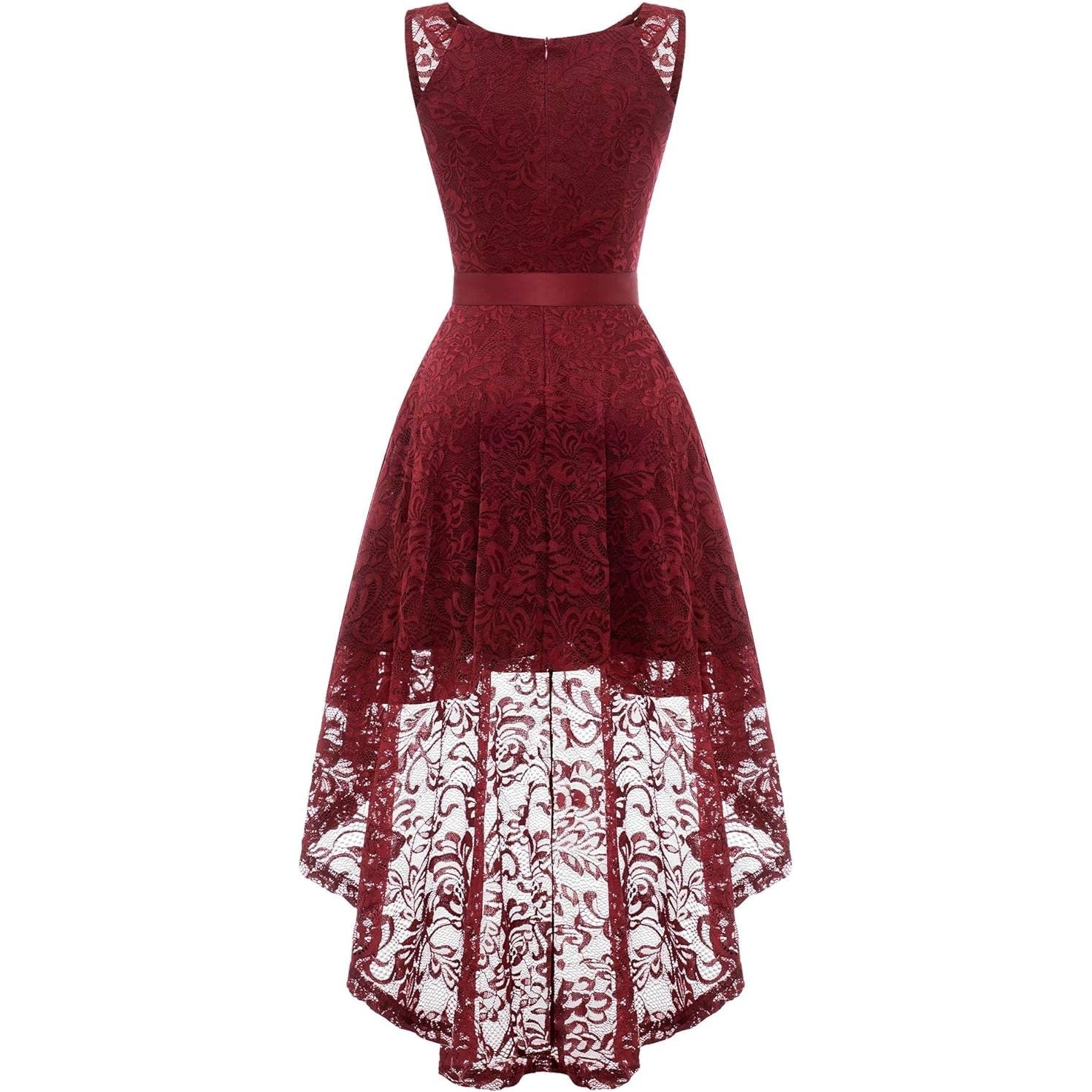 Elegante Asymmetrische Cocktailjurk Voor Dames - Maat L – Mouwloze Hoog-Laag Jurk Met Kant En Afneembare Tailleband – Galajurk Voor Feest, Bruiloft, Doop Of Avondfeest – Zachte Bloemenkant En Polyester – Achterrits