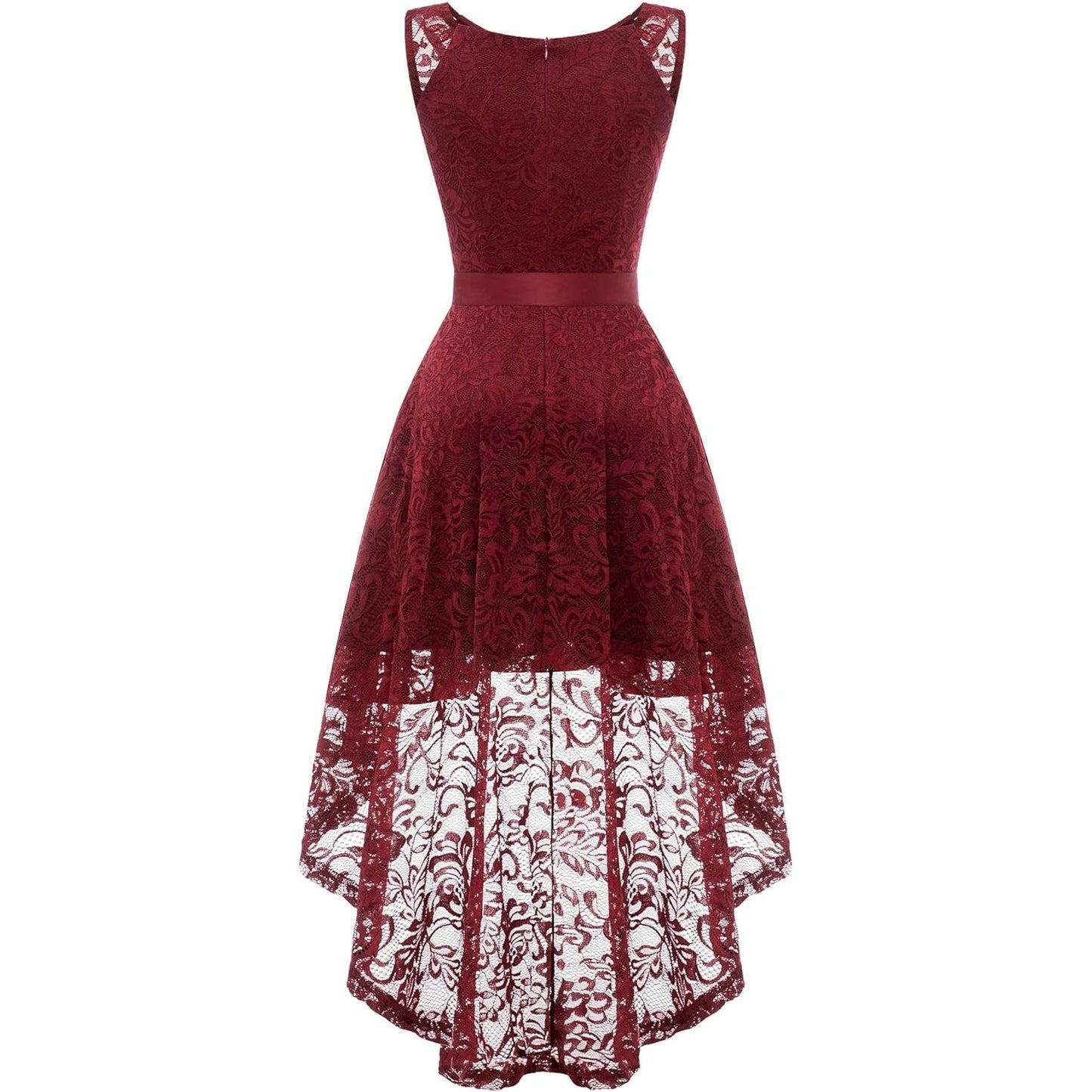 Elegante Asymmetrische Cocktailjurk Voor Dames - Maat L – Mouwloze Hoog-Laag Jurk Met Kant En Afneembare Tailleband – Galajurk Voor Feest, Bruiloft, Doop Of Avondfeest – Zachte Bloemenkant En Polyester – Achterrits