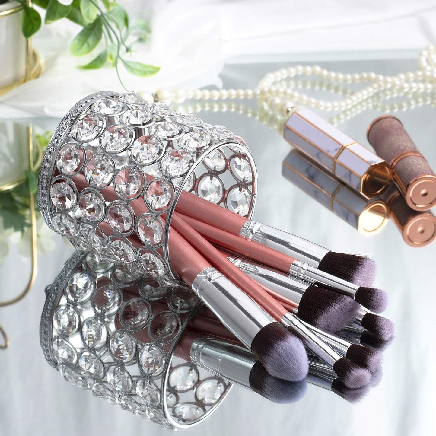 Retro Glazen Make-up Organizer - Elegant en Multifunctioneel - Kristallen Kaarshouder - Luxe Tafeldecoratie voor Bruiloften en Thuis - Zilver