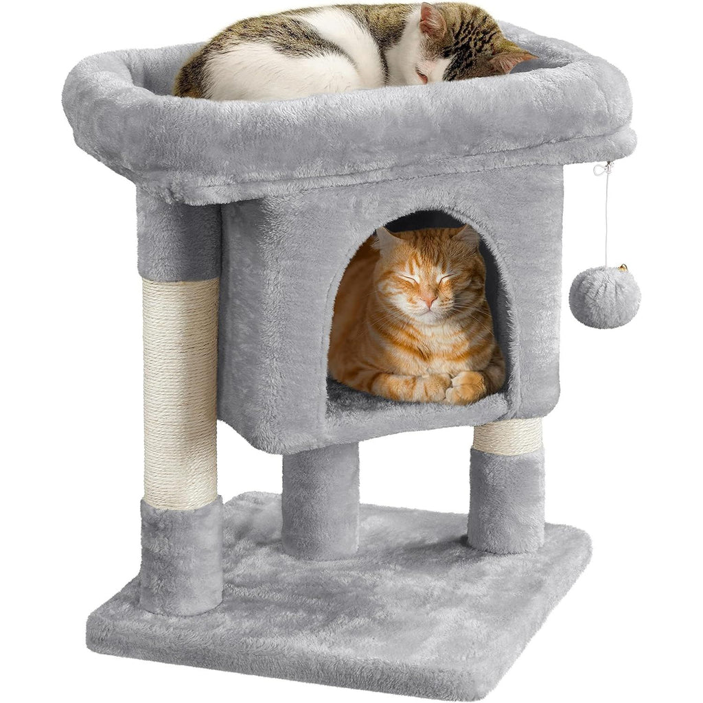 Yaheetech Krabpaal 60 cm - Compacte Kattenboom met Sisal Krabpalen, Pluche Ligplek &amp; Kattenhuisje - Stabiele Klimpaal voor Kleine en Middelgrote Katten - Ruimtebesparend Ontwerp - Donkergrijs