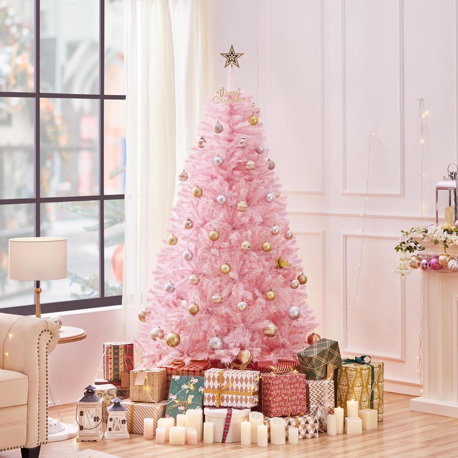 Roze Kunstkerstboom – Indoor & Outdoor Kerstdecoratie – 90cm / 180cm – Inklapbare Standaard – Seizoensgebonden Feestdecoratie