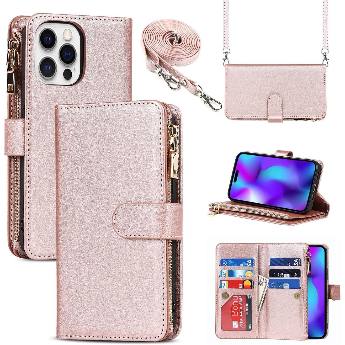 Mobiele Telefoonketting iPhone 14 Pro (6.1 Inch) Hoesje met Riem - Mobiele Telefoon Hoesje iPhone 14 Pro - Flip Leren Portemonnee Hoesje - [9 Kaartsleuven] [Magnetische Sluiting] - Flip Hoesje Beschermhoes voor iPhone 14