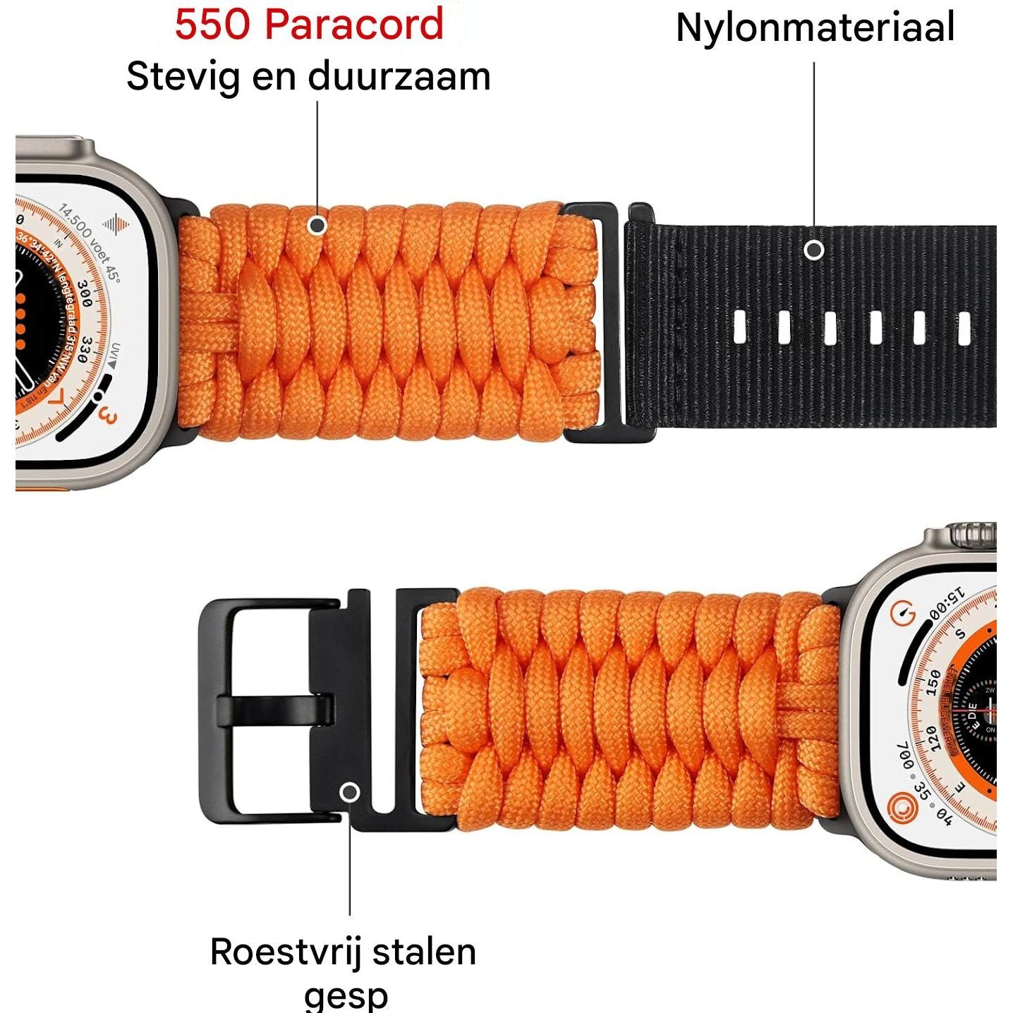 Compatibele Gevlochten Paracord Nylon Watch Band Voor Apple Watch 49mm 46mm 45mm 44mm 42mm – Outdoor Sport Horlogeband Voor Ultra 2 / Serie 10 / 9 / 8 / 7 / SE / 6 / 5 / 4 / 3 / 2 / 1 – Trilobite Gevlochten Design – Survival Strap Voor Heren En Dames