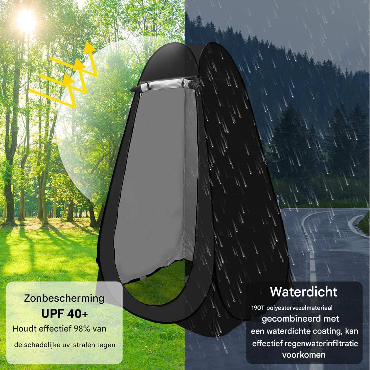Pop-Up Douchetent met 5 Gallon Solar Shower Bag – 2-Delige Privacy Tent Set voor Camping & Strand – Opvouwbare Draagbare Toilet- en Ombkledtent – Waterdicht, UV-Bescherming & Ventilatie – Inclusief Draagtas – Zwart