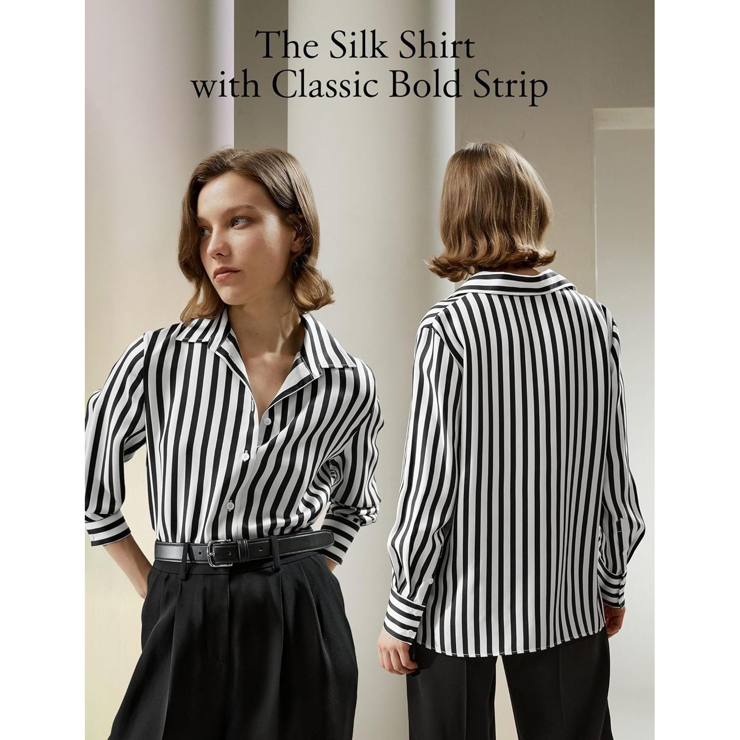 LILYSILK – Damesblouse – 100% Zijde – Blauw Witte Pinstripes – V-Hals – Lange Mouwen – Lichtgewicht – Ademend – Tijdloos Design – Maat S