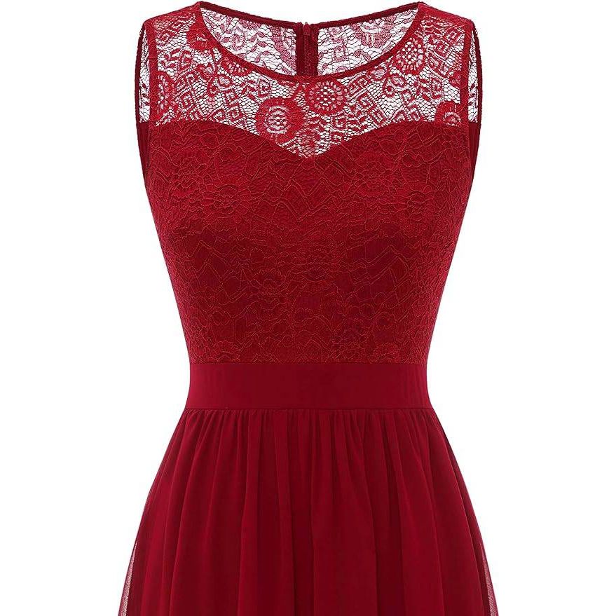 Lange Avondjurk Voor Dames – Maxi Cocktailjurk Met Kant En Chiffon – Elegante Jurk Met Licht Transparante Ronde Hals – Voor Bruiloft, Feest, Gala, Prom Of Ceremonie – Effen Kleur – Vrouwelijk En Verfijnd