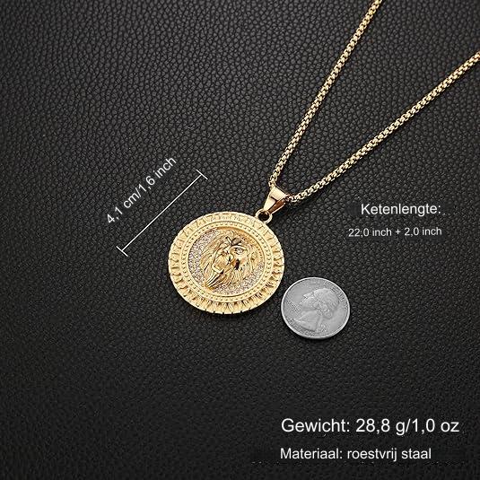 Leo 18K Vergulde Leeuwenkop Hanger - Ingelegd met CZ - Vintage Hip Hop Viking Rock Punk Dierentotem Amulet Ketting - Roestvrij Staal - Karabijnsluiting - 5 cm - Mode Accessoire