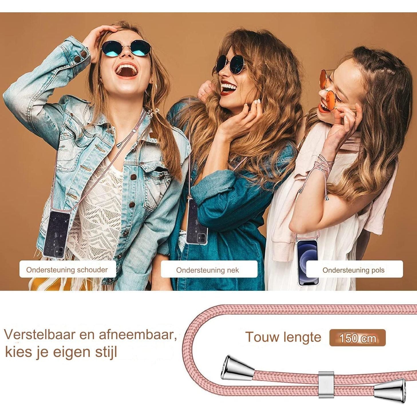 Schitterende Mobiele Telefoon Ketting voor iPhone 11 Pro Max Hoesje - Mobiel Hoesje met Bandje voor iPhone 11 Pro max Ingebouwde Schermbeschermer - 360 Graden Siliconen Schokbestendige Bescherming