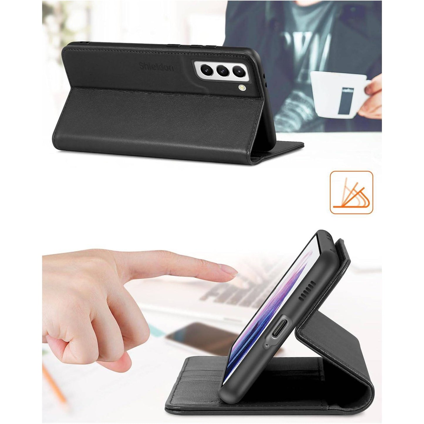 Shieldon - Mobiele Portemonnee Hoesje Galaxy S21 - Echt Lederen RFID Blokkering - Kaartsleuven en Stand - Zwart