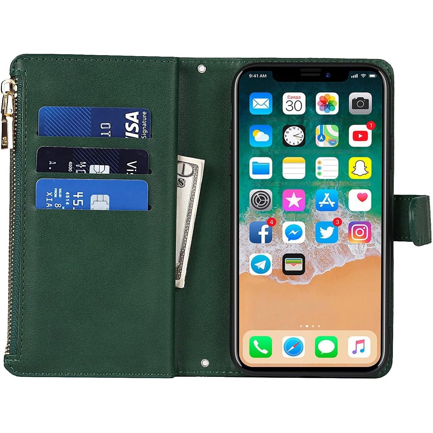 Praktisch Mobiel Hoesje met Strap voor iPhone X/XS - Multifunctionele Flip Leren Portemonnee Case - Beschermende Cover met [9 Kaartvakken] en Magnetische Sluiting - Donker Design - Handige Telefoonketting Accessoire voor Stijlvolle Bescherming