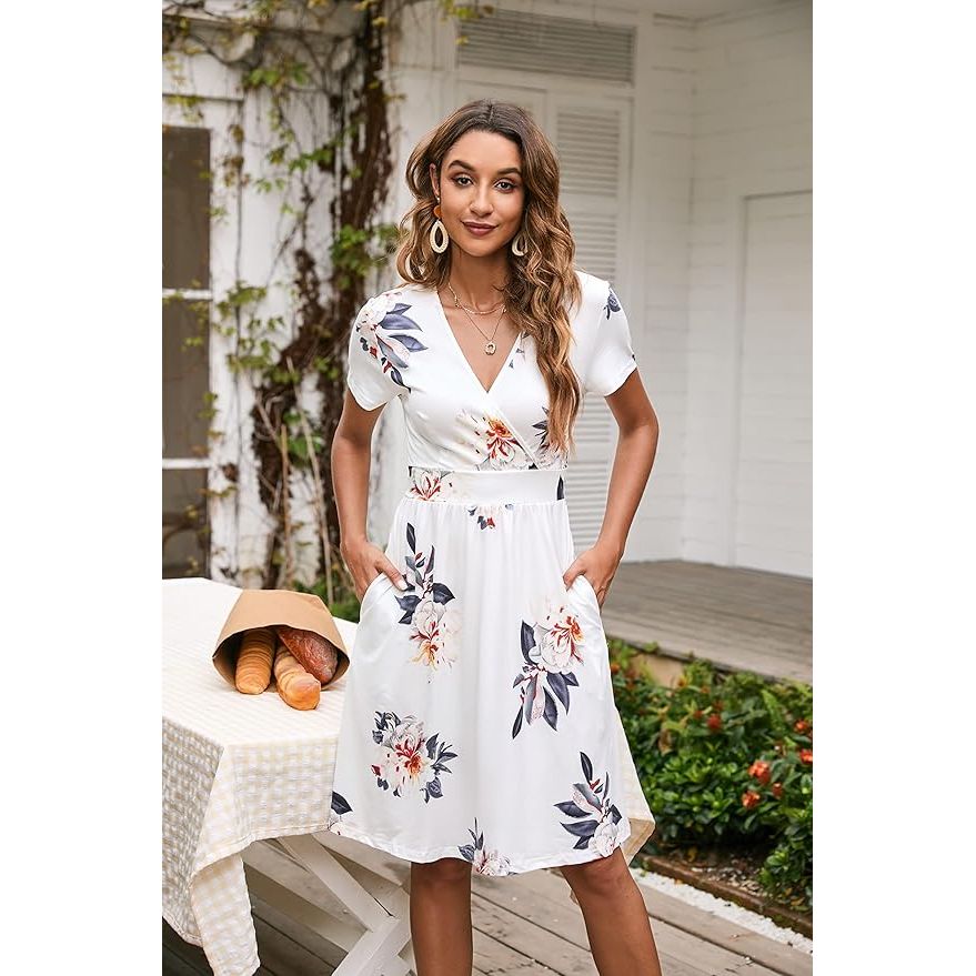 V-Hals Zomerjurk Dames - Kort Mouwloos - Midi Jurk met Plooitaille en Zakken - Elegante Wikkeljurk - Casual Strandjurk - Bloemenprint - Luchtige Zomerjurk - Maat S