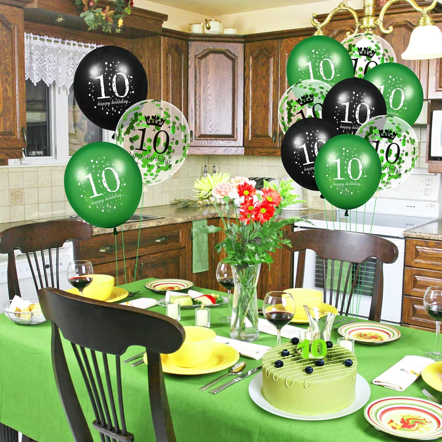 10e Verjaardagsballonnen Set voor Kinderen - 18 Stuks Tiende Birthday in Levendig Groen, Zwart & Confetti - 30cm - Perfect voor Binnen- & Buitenfeestjes