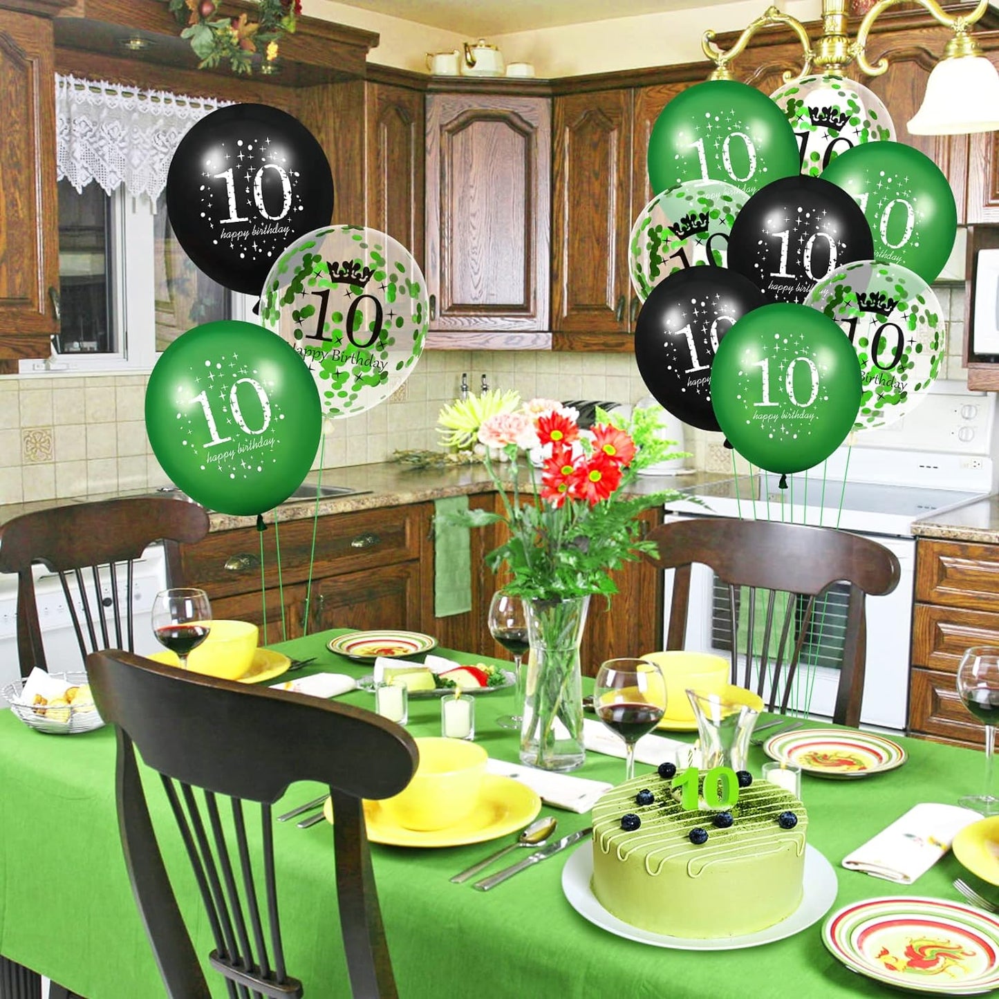 10e Verjaardagsballonnen Set voor Kinderen - 18 Stuks Tiende Birthday in Levendig Groen, Zwart & Confetti - 30cm - Perfect voor Binnen- & Buitenfeestjes