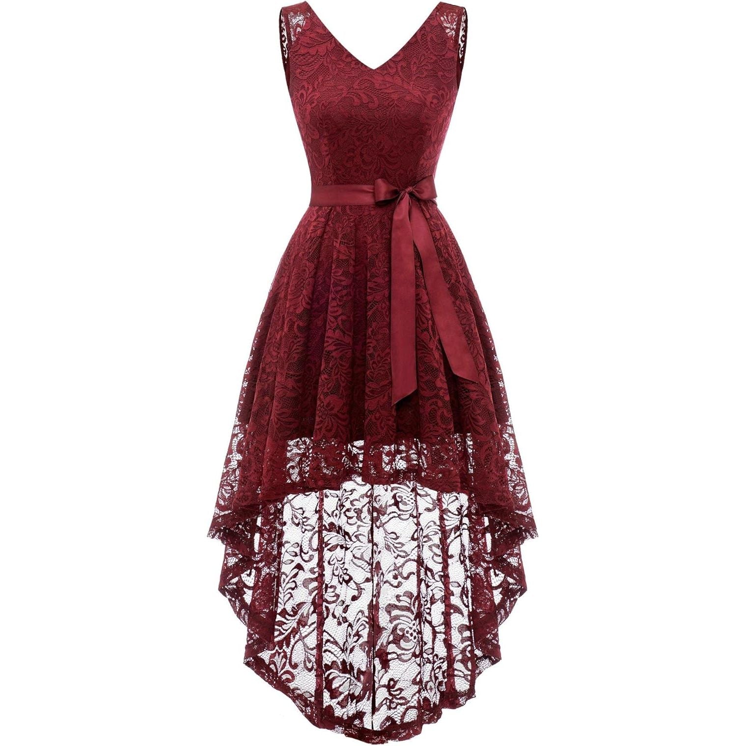 Elegante Asymmetrische Cocktailjurk Voor Dames - Maat L – Mouwloze Hoog-Laag Jurk Met Kant En Afneembare Tailleband – Galajurk Voor Feest, Bruiloft, Doop Of Avondfeest – Zachte Bloemenkant En Polyester – Achterrits