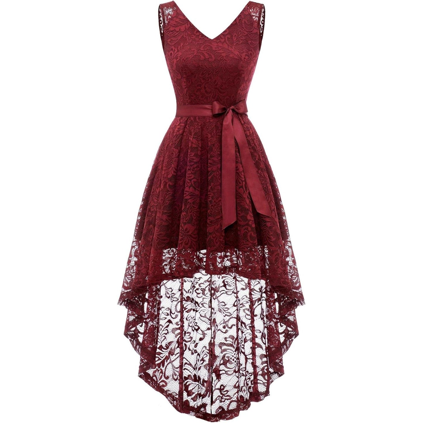 Elegante Asymmetrische Cocktailjurk Voor Dames - Maat L – Mouwloze Hoog-Laag Jurk Met Kant En Afneembare Tailleband – Galajurk Voor Feest, Bruiloft, Doop Of Avondfeest – Zachte Bloemenkant En Polyester – Achterrits