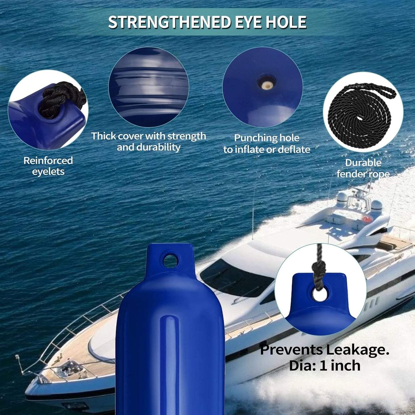 4 Stuks – Opblaasbare Bootfenders 11,5 x 40,6 cm – Sailortenx Ribbel Botenfenders – Blauwe Bootstootwillen met 2 Ogen – Inclusief 2 Meter Touwen, Handpomp en Naalden – Fenders voor Jacht, Sloep, Roeiboot, Ponton, Rubberboot of Kajuitboot