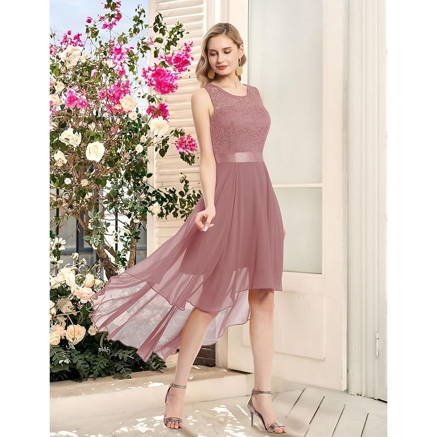 Elegante Asymmetrische Cocktailjurk – Mouwloze Chiffon Avondjurk met Kant – Perfect voor Bruiloften, Feesten en Formele Gelegenheden
