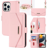 Mobiele telefoon ketting - iPhone 14 Pro Max hoesje met riem - Flip leren portemonnee telefoonhoes - Spiegelfunctie - Met 5 kaartsleuven - Magnetische sluiting - Beschermende flipcase voor iPhone 14 Pro Max - Roze