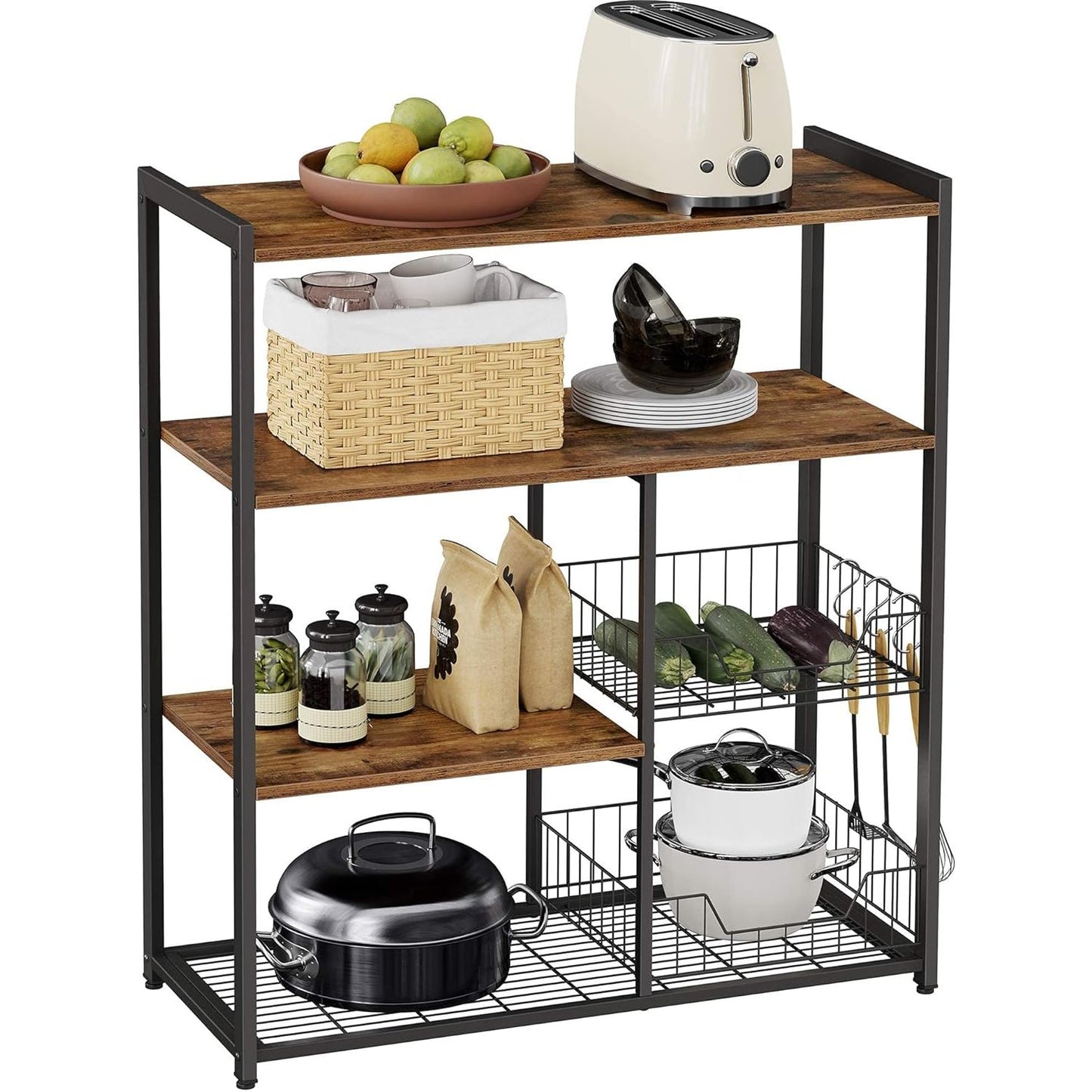 Industriële Keukenrek Met 2 Metalen Mandjes – VASAGLE Vrijstaand Bakkerijrek 80 x 35 x 95 cm – Keuken Organizer Met Haken En Opbergrekken – Microwave Rek In Vintage Donkerbruin En Zwart – Met Verstelbare Poten En IJzeren Frame