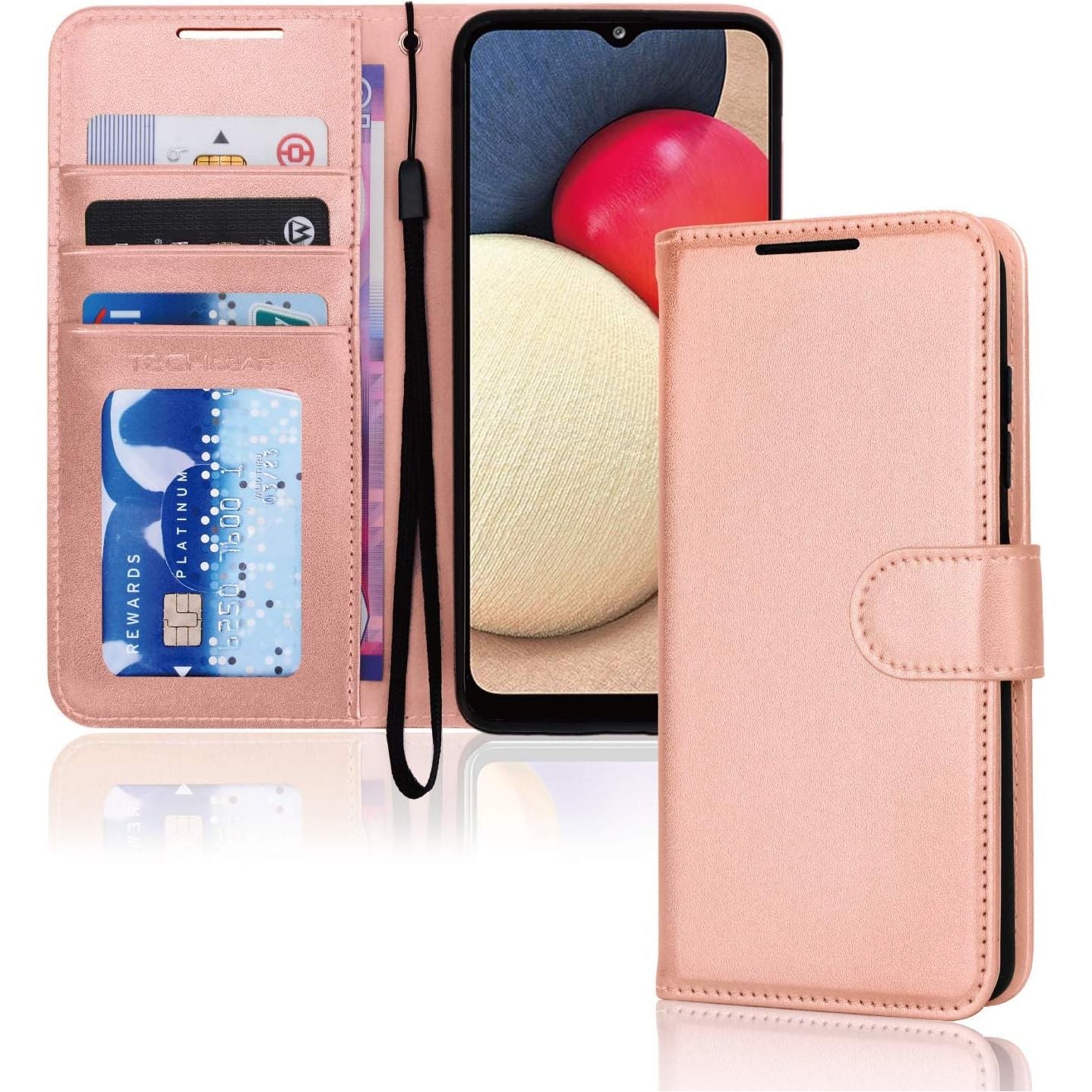 Portemonnee Lederen Hoesje voor Galaxy A02s - Flip Beschermhoes met Portemonnee Kaarthouder, Stand en Polsband - Roségoud PU Lederen Hoesje met Magnetische Sluiting Ontworpen Voor Samsung A02s, Luxe Bescherming, Handige Stand, Veilige Sluiting