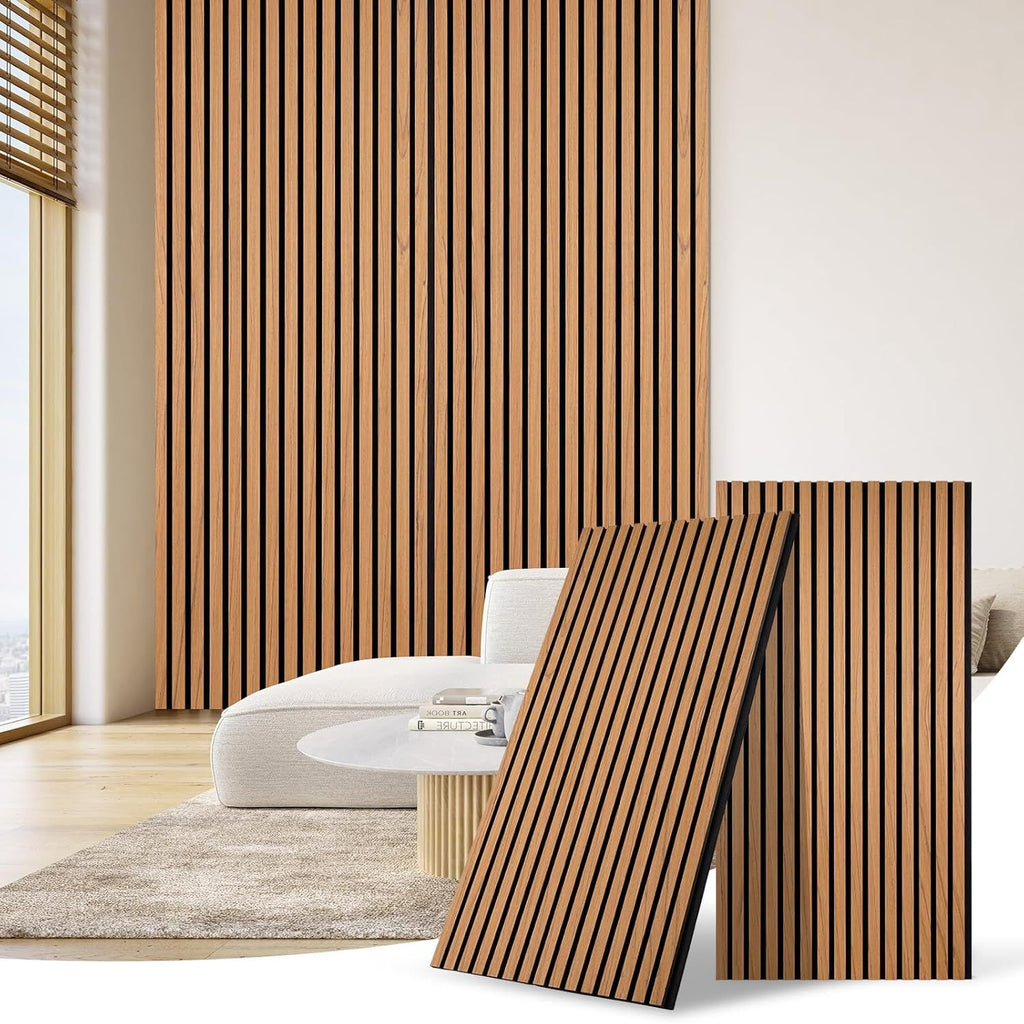 2 stuks houten akoestische wandpanelen – 3D lattenwand eiken look – 120 x 60 cm per paneel – geluidsabsorberende muurpanelen – decoratieve wandbekleding voor woonkamer, kantoor of studio – houten wandpanelen met schroeven