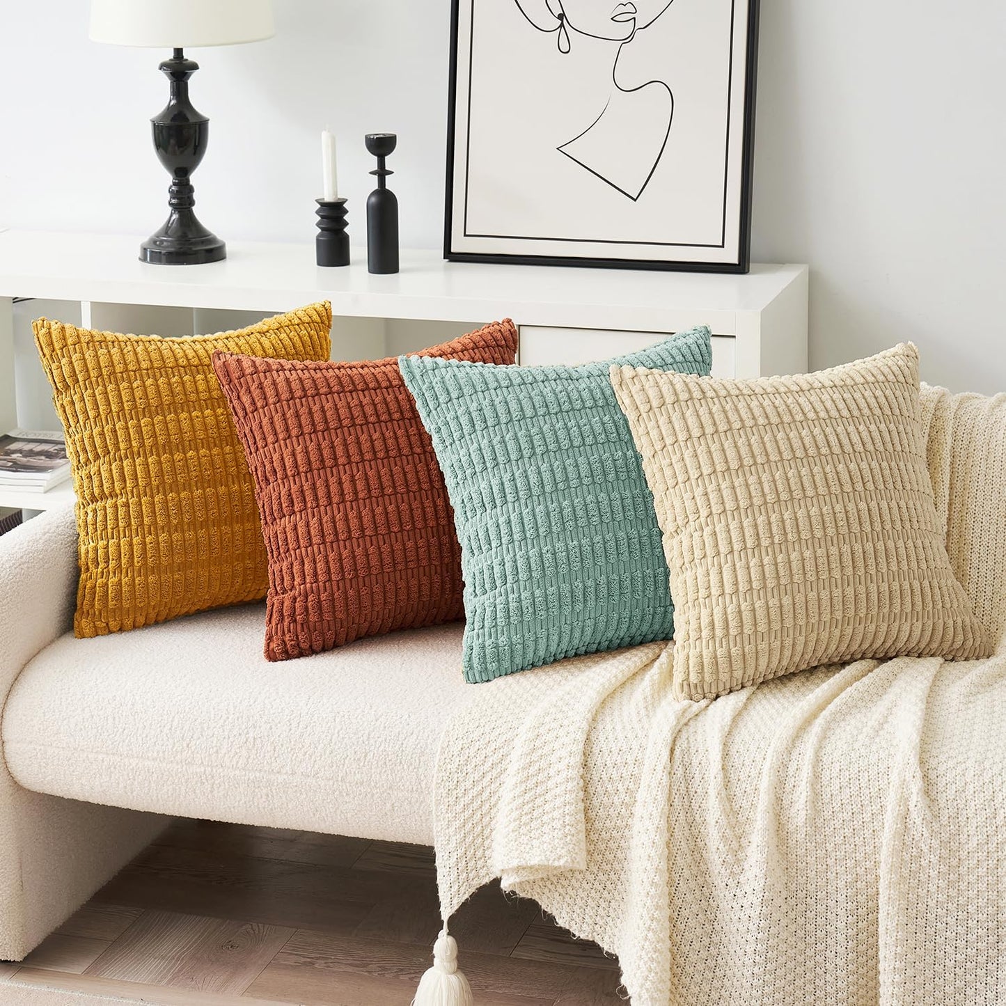 Boho Farmhouse Corduroy Kussenhoezen - 50 x 50 cm - Decoratieve Kussenhoezen voor Woonkamer, Bank, Bed of Veranda - Zacht Gestreept Design - Oranje en Teal - Met Onzichtbare Rits