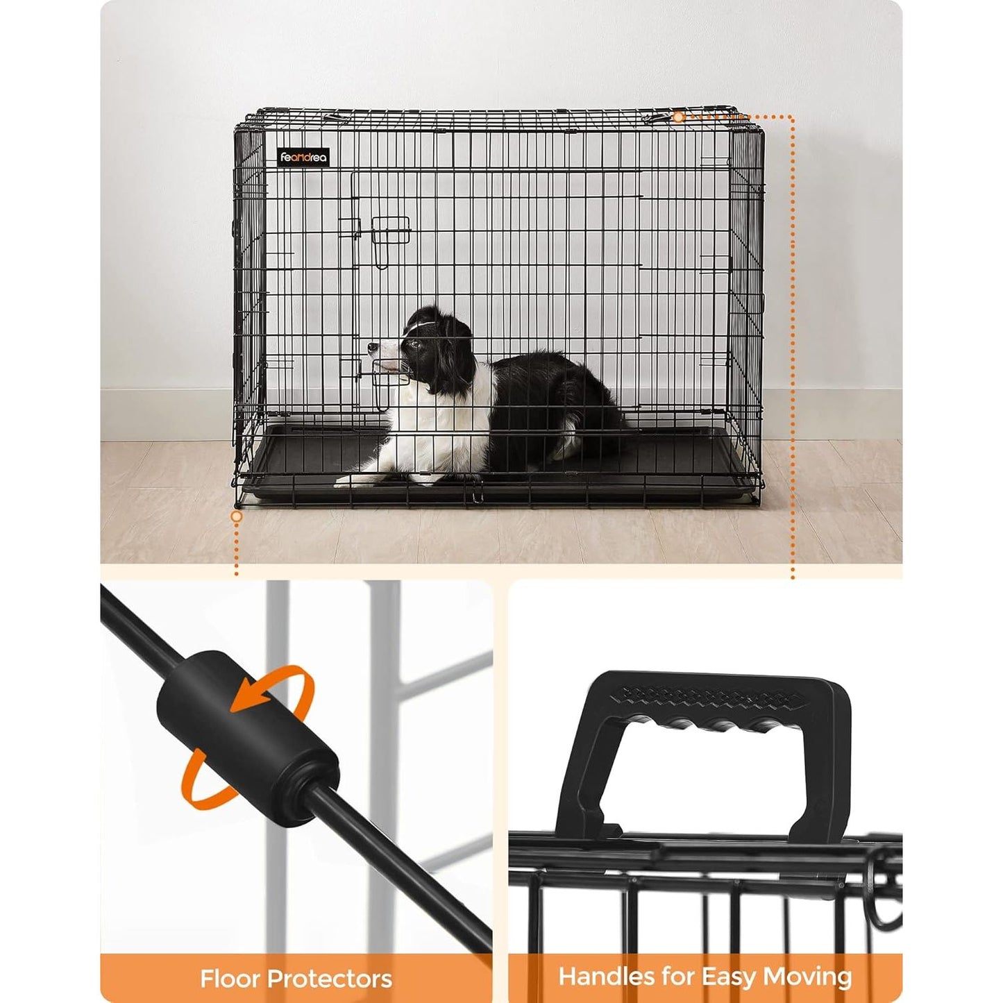 FEANDREA opvouwbare hondenbench – metalen hondenkooi 107 x 70 x 77.5 cm – transportbench met 2 deuren – zwarte draadkooi met kunststof bodem – bench voor middelgrote en grote honden 11-40 kg – inklapbare hondenkrat