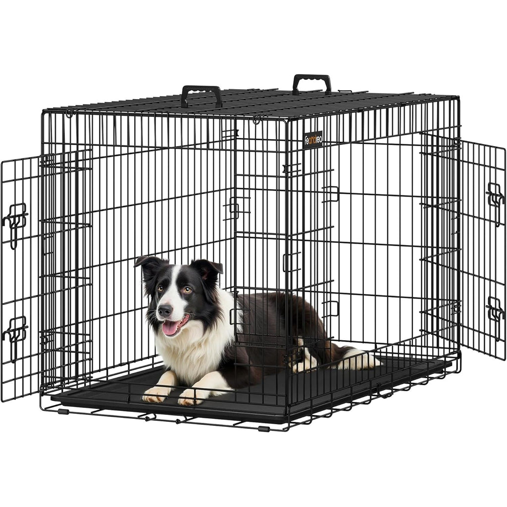 FEANDREA opvouwbare hondenbench – metalen hondenkooi 107 x 70 x 77.5 cm – transportbench met 2 deuren – zwarte draadkooi met kunststof bodem – bench voor middelgrote en grote honden 11-40 kg – inklapbare hondenkrat
