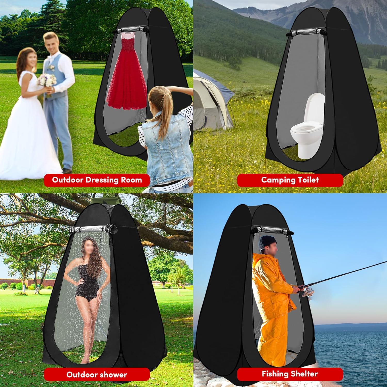 Pop-Up Douchetent met 5 Gallon Solar Shower Bag – 2-Delige Privacy Tent Set voor Camping & Strand – Opvouwbare Draagbare Toilet- en Ombkledtent – Waterdicht, UV-Bescherming & Ventilatie – Inclusief Draagtas – Zwart