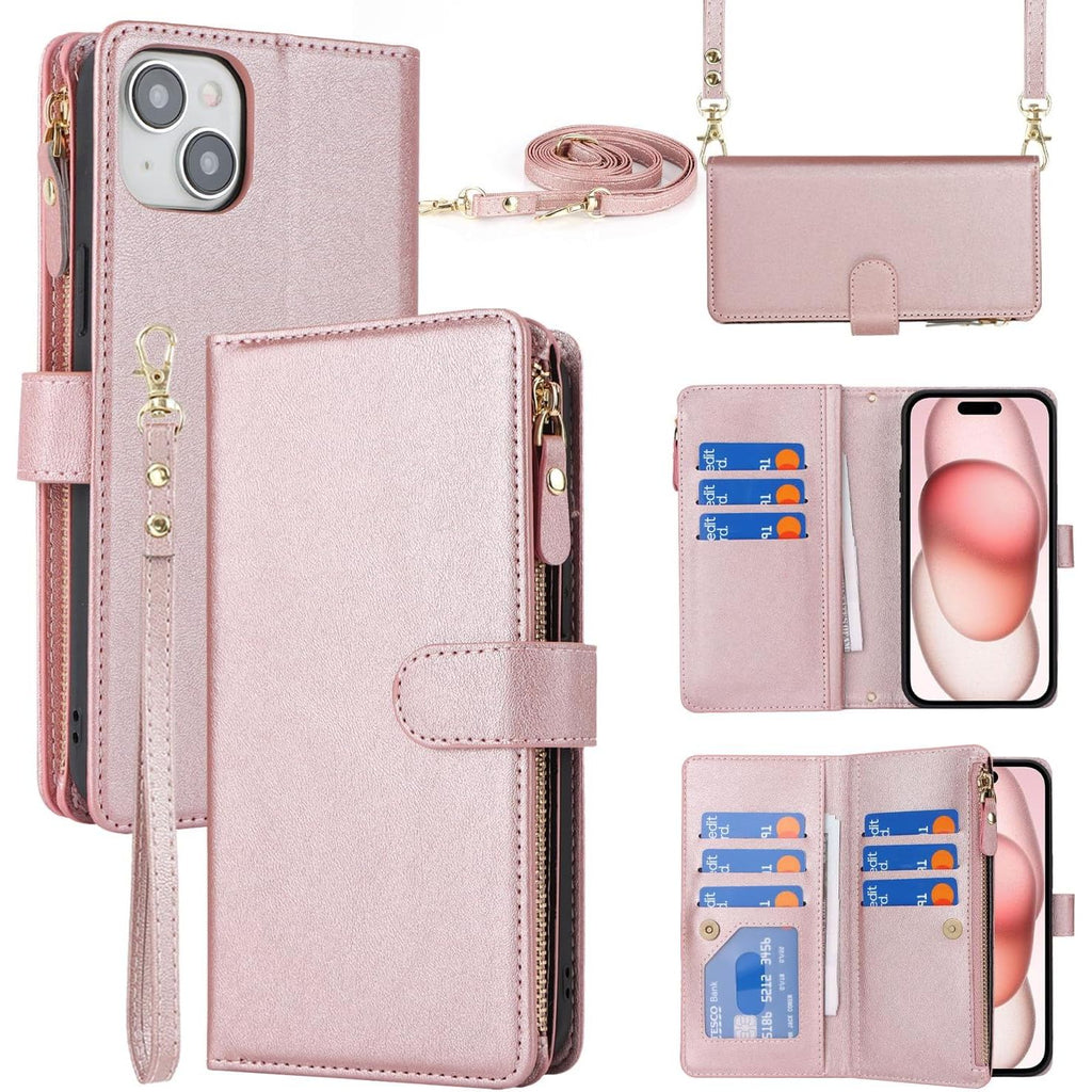 iPhone 15 Hoesje Met Lanyard - iPhone 15 Case - Flip Wallet Lederen Hoes - 9 Kaartsleuven - Dubbele Magnetische Sluiting - Beschermende Cover Voor iPhone 15 - Roségoud - Shockproof TPU Beschermhoes