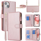 iPhone 15 Hoesje Met Lanyard - iPhone 15 Case - Flip Wallet Lederen Hoes - 9 Kaartsleuven - Dubbele Magnetische Sluiting - Beschermende Cover Voor iPhone 15 - Roségoud - Shockproof TPU Beschermhoes