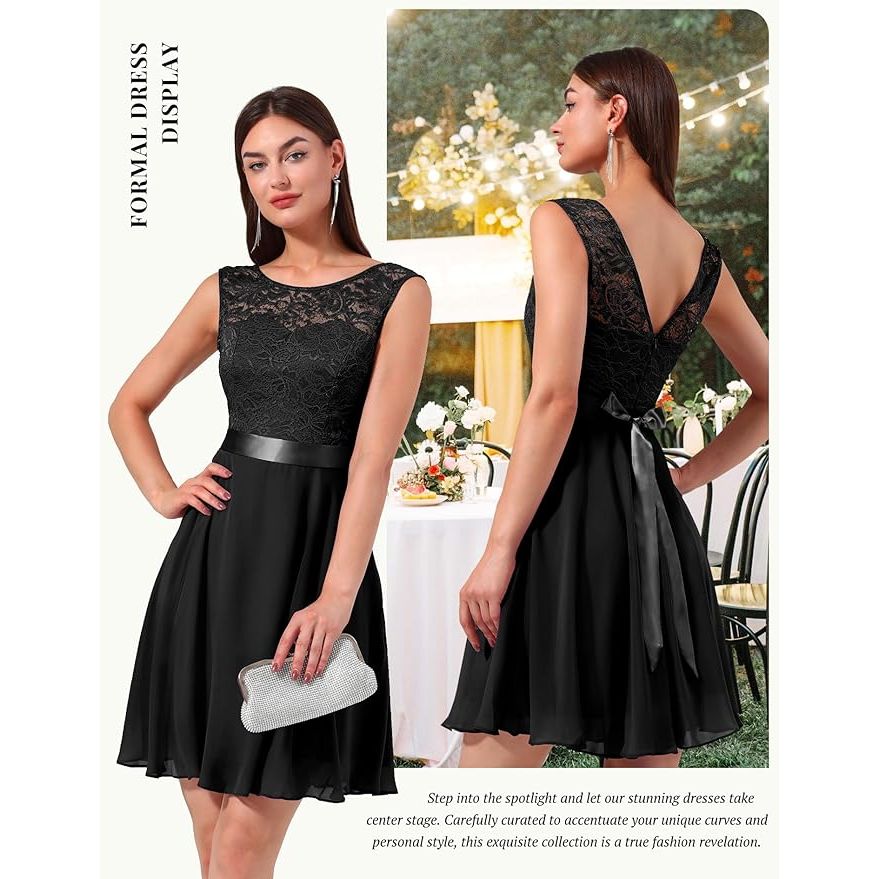 Korte Bloemenkant Bridesmaid Jurk – A-lijn Swing Cocktailjurk – Met Boot-Hals, V-Rug en Afneembare Strikceintuur – Ideaal Voor Bruiloften, Proms, Feestjes en Speciale Gelegenheden – Zwart