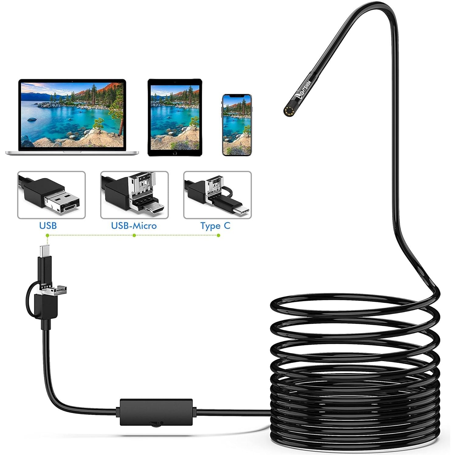 USB Endoscoop - 2 Meter - Inspectiecamera - Waterdicht IP67 - Ø5.5 mm - Met 6 Verstelbare LED Lampen - Compatibel met Android en Windows XP/7/8/9/10 - Voor Onderhoud en Reparatie