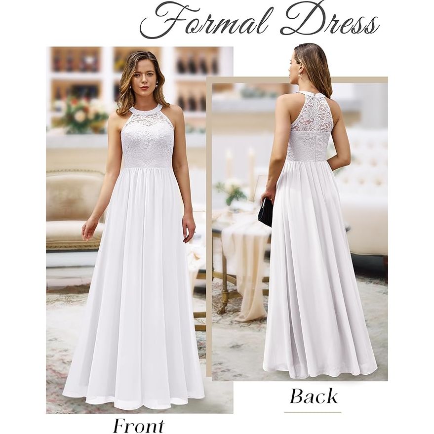 Lange Chiffon Cocktailjurk Voor Dames – Mouwloze Halterjurk Met Rekbare Kant En Off-Shoulder Detail – Elegante Zomerjurk Voor Feest, Bruiloft, Prom Of Avondgelegenheid – Luchtige A-Lijn Jurk Met Vrouwelijke Halslijn En Comfortabele Pasvorm