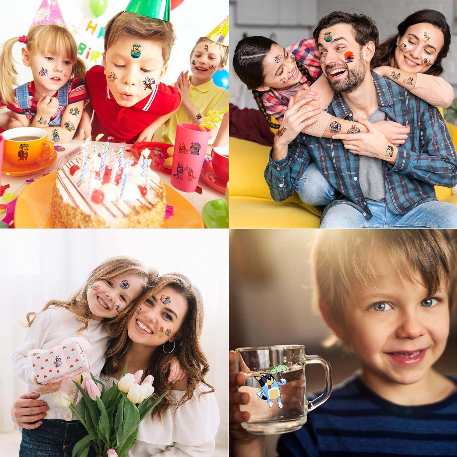 Bluey Themafeest Tijdelijke Tattoos - 8 Vellen, 96 Stuks Cartoonstijl Tattoos voor Kinderen - Veilig en Leuk voor Verjaardagen, Schoolbeloningen en Feestdecoratie