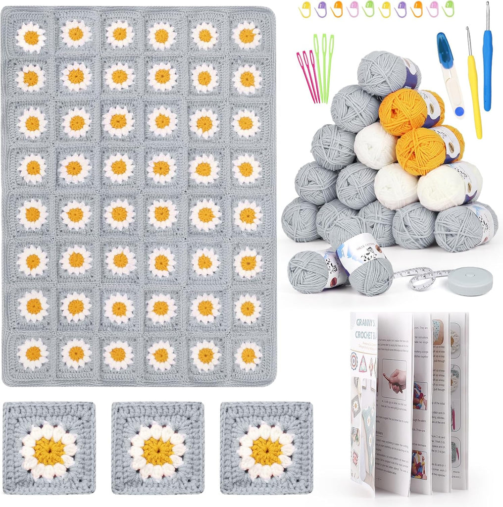 Complete Daisy Granny Square Crochet Kit - Reessy Beginners Haakset - Inclusief 19 Garenbollen, 2 Haaknaalden, Instructieboek, Accessoires en Opslagtas - Perfect Voor Beginners