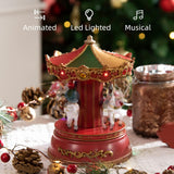 Muziekdoos Carrousel – LED Verlichting – 3 Paarden – Draaibare Kermismolen – Speelt 8 Muziekstukken – Batterij Gevoerd – Klassieke Draaimolen – Kerstversiering – Decoratie Voor Woonkamer, Slaapkamer en Open Haard – 18,5 cm Hoog