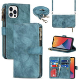 iPhone 12 Pro Max Hoesje Met Lanyard - iPhone 12 Pro Max Case - Flip Wallet Lederen Hoes - 9 Kaartsleuven - Dubbele Magnetische Sluiting - Beschermende Cover Voor iPhone 12 Pro Max - Lichtblauw - Shockproof TPU Beschermhoes