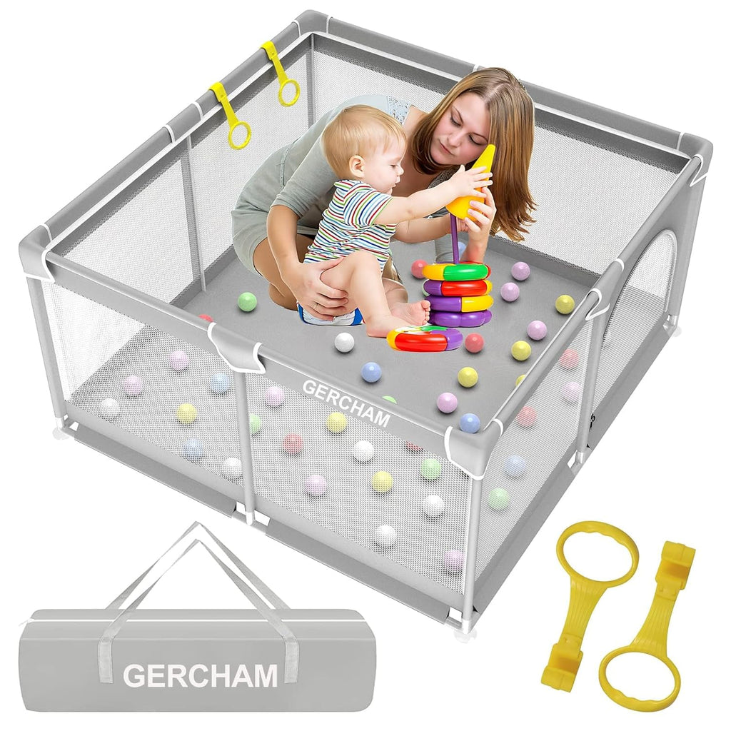 GERCHAM Baby Speelbox – 125x125x68cm – Grijs – Opvouwbare Speelbox Met Veiligheidsdeur – Ademende Netstof – Anti-slip Basis – Voor Binnen en Buiten – Duurzaam Staal &amp; Oxford Materiaal