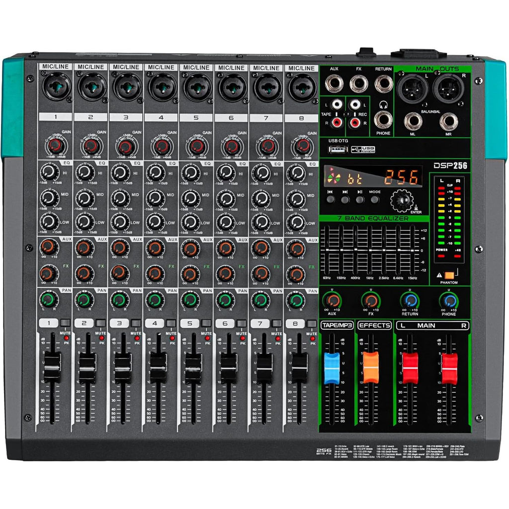 Professionele 8-Kanaals Audio Mixer – USB, Bluetooth & MP3 Interface – 256 DSP Reverb Effecten – 48V Fantoomvoeding – 7-Bands EQ – Geschikt Voor Opnames, Live Performances, Conferenties & DJ Sets