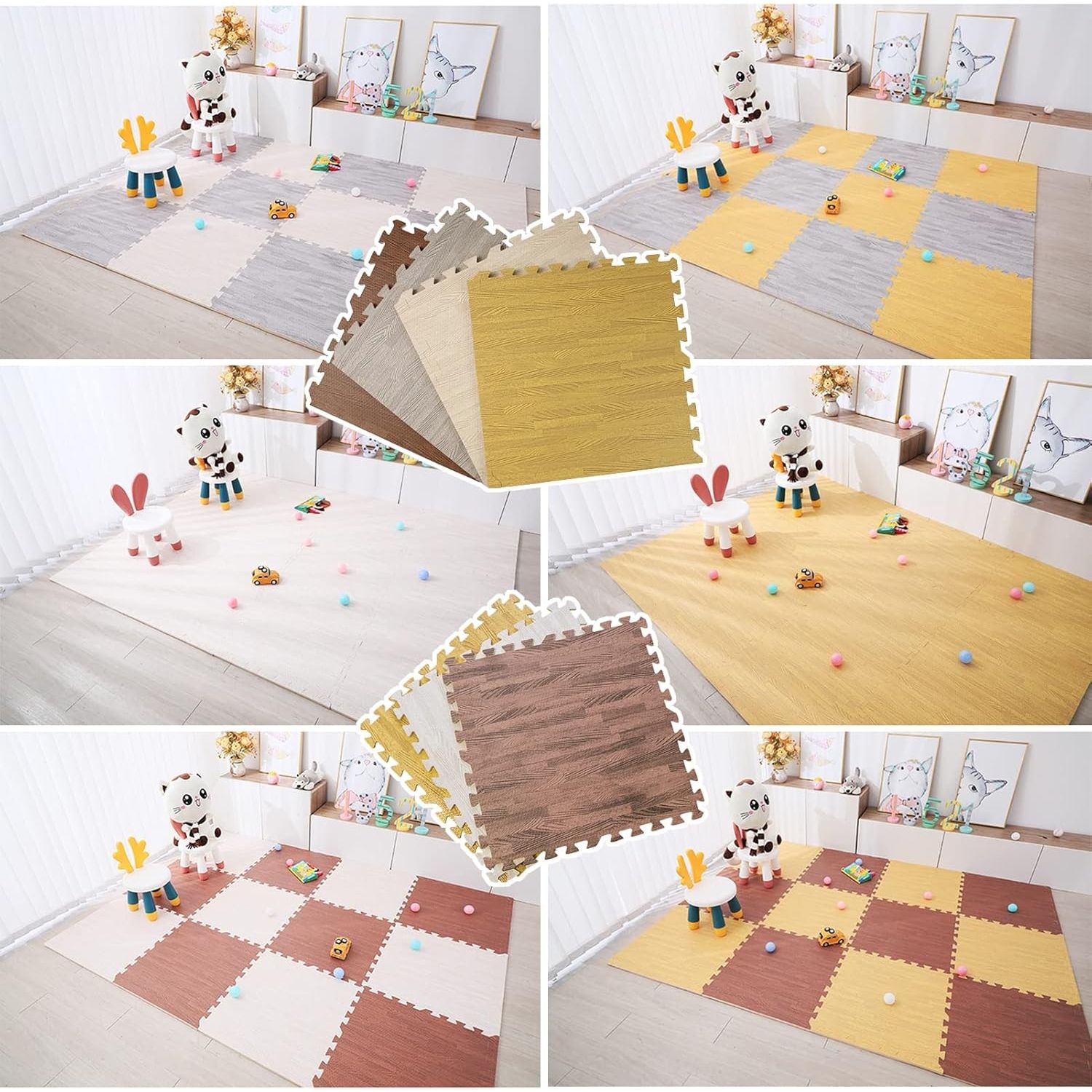 8 Stuks Houtlook Vloermatten – 60x60x1.2cm EVA Foam Tegels – Interlockende Vloertegels Met Rand – Schuimrubberen Puzzelmatten – Houtnerf Vloertegels Voor Gym Slaapkamer Speelruimte Yoga – Donker Bruin Geluidsdempend & Waterafstotend