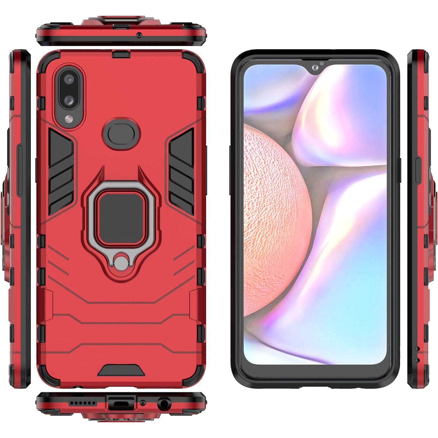 Duurzaam Ring Hoesje met Vingerlus en Scherm beschermer voor Samsung Galaxy A10s - Rood en Zwart
