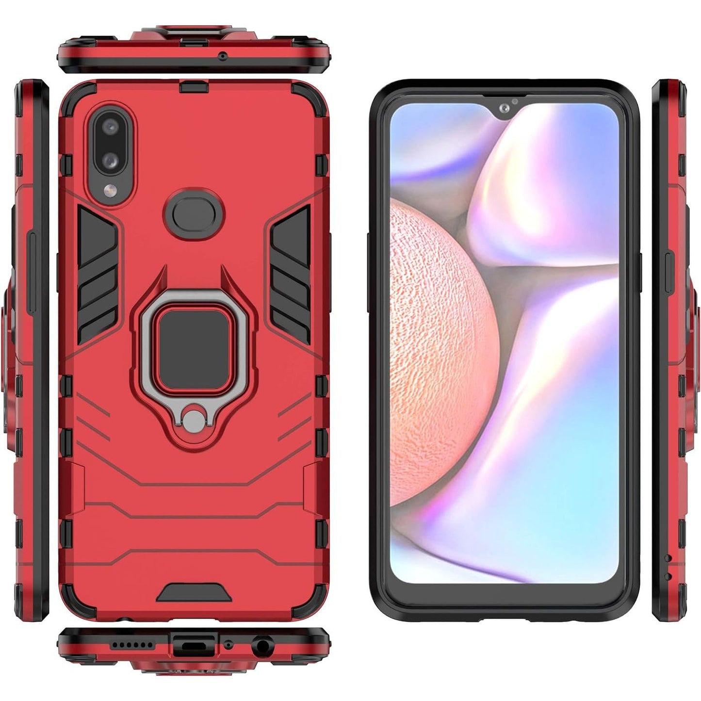 Duurzaam Ring Hoesje met Vingerlus en Scherm beschermer voor Samsung Galaxy A10s - Rood en Zwart