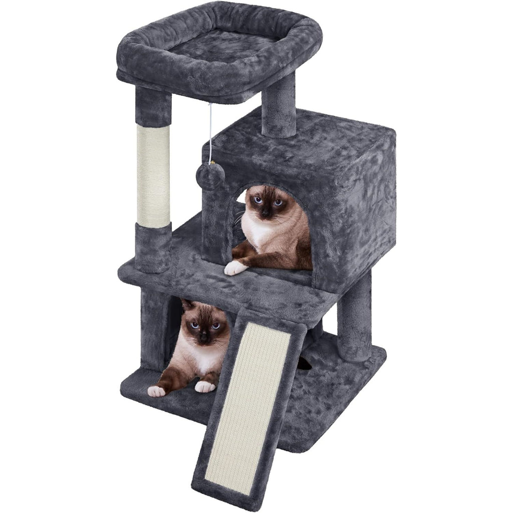 Yaheetech 91 cm Krabpaal – Multilevel Kattenboom met 2 Kattenhuisjes, Ligplateau, Krabpalen, Krabplank &amp; Speelbal – Voor Katten en Kittens – Beige