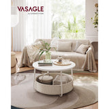 Ronde Salontafel Met Opbergmand – Moderne Bijzettafel Ø75 cm – Woonkamertafel Met Stoffen Mand 57.7L – Metalen Frame En Spaanplaat Tafelblad – Mat Wit En Kameelbruin – Opslagtafel Met U-Poten En Tijdloos Design