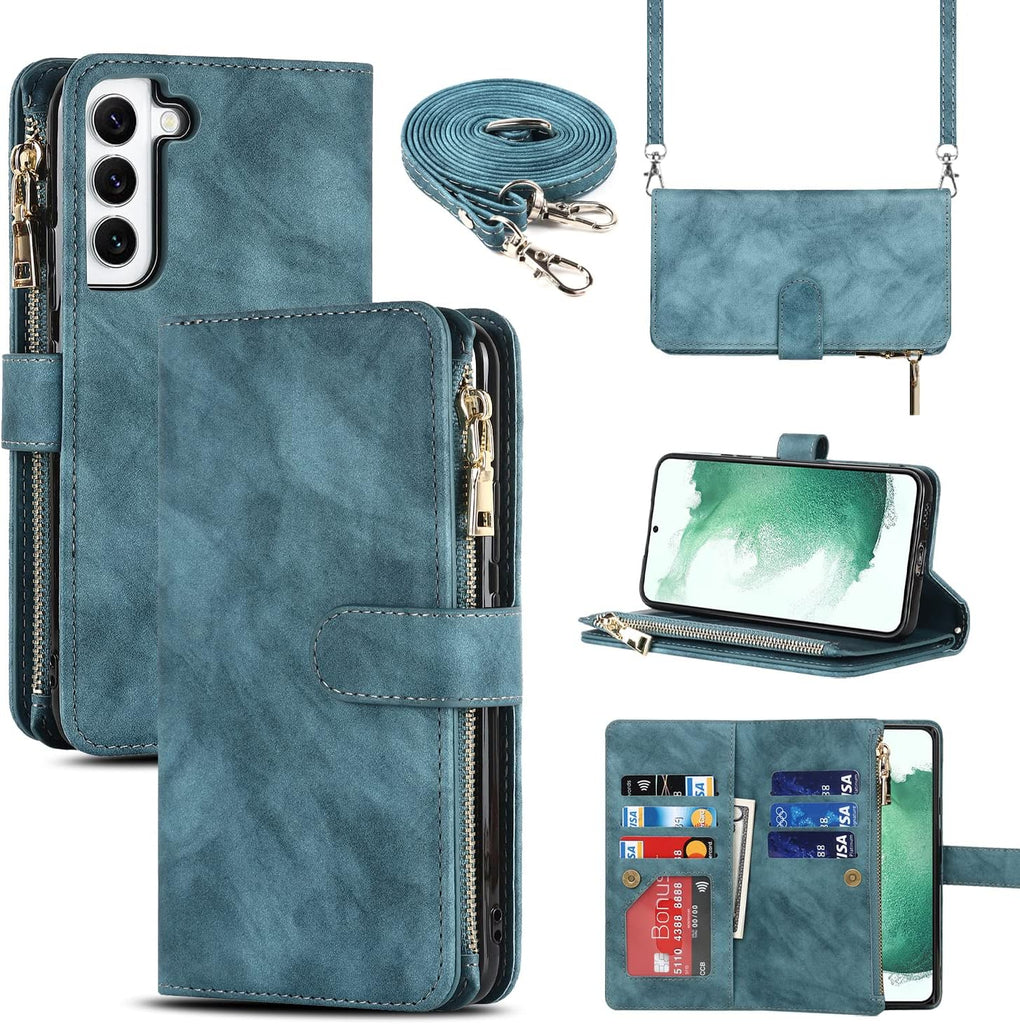 5G- Blauw Groen- Portemonnee Hoesje voor Samsung Galaxy S22 Plus/ S22+ met Magnetische Sluiting, Creditcardhouder en Riem- Samsung Galaxy S22 Plus/ S22+ Case van PU Leer- Telefoon Cover met Ritsvak en Schouderband voor Mannen en Vrouwen