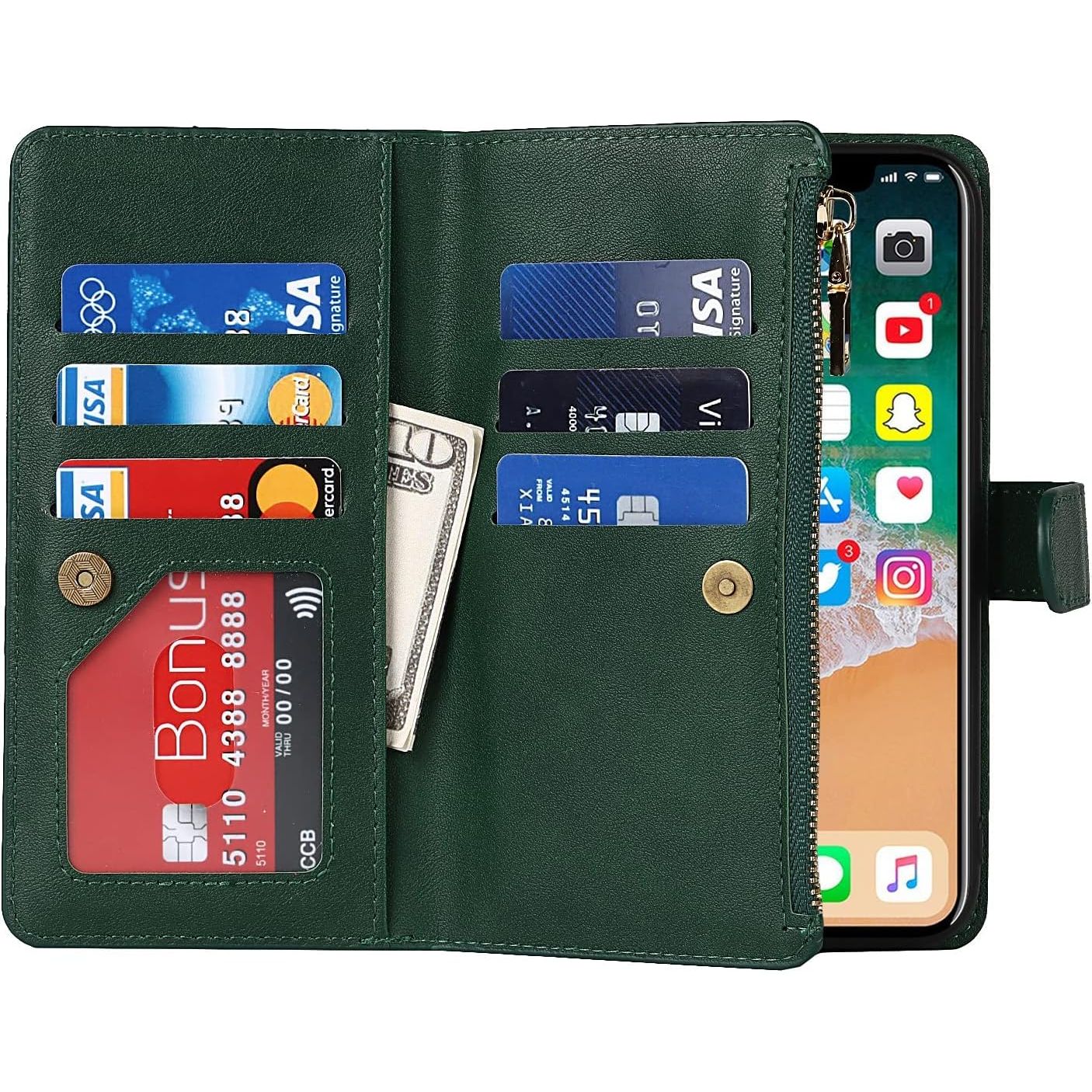 Praktisch Mobiel Hoesje met Strap voor iPhone X/XS - Multifunctionele Flip Leren Portemonnee Case - Beschermende Cover met [9 Kaartvakken] en Magnetische Sluiting - Donker Design - Handige Telefoonketting Accessoire voor Stijlvolle Bescherming